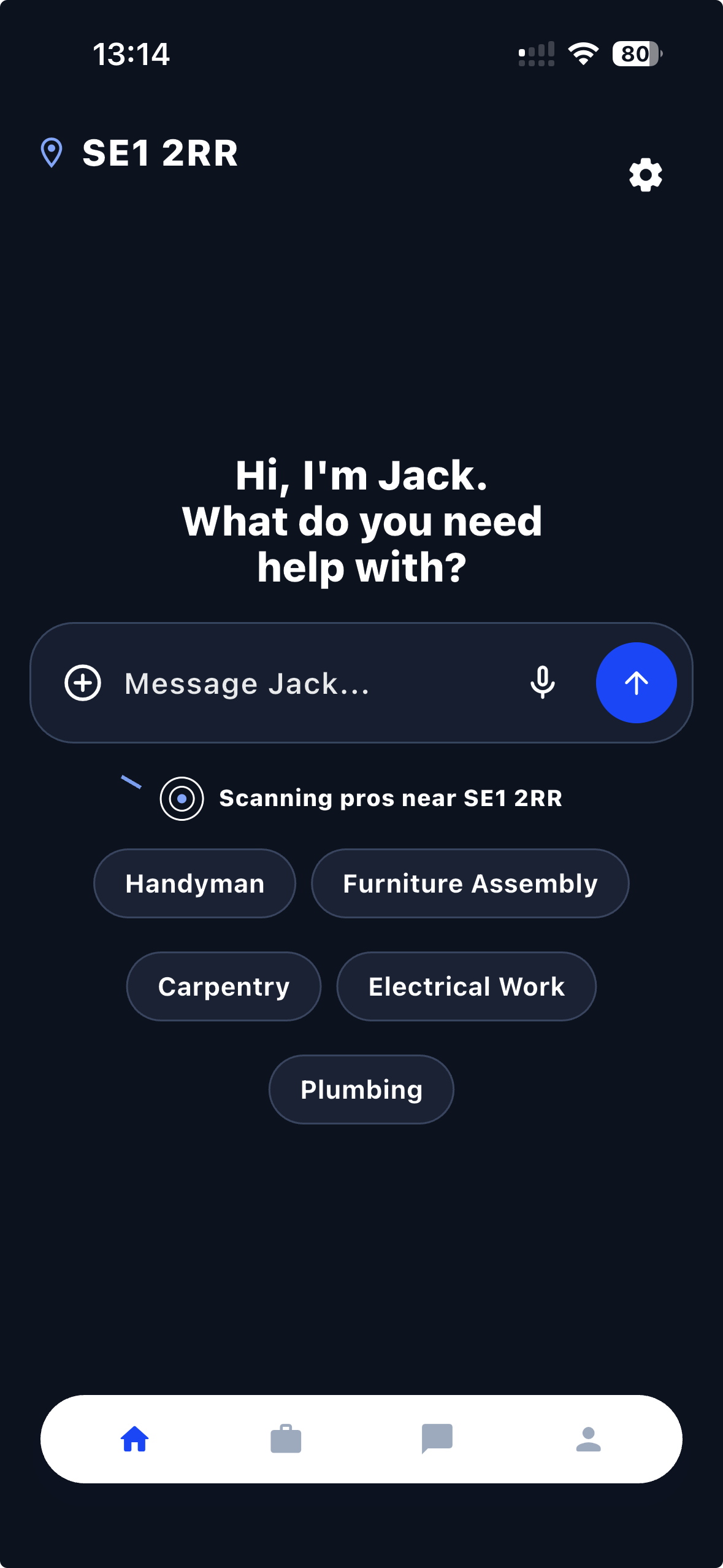 Jack All Trades app home screen showing Furniture Assembly booking