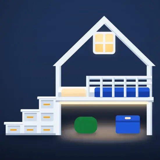 Illustration of a children's wooden house-frame loft bed with storage stairs, a window cut-out, guard rail and LED lighting under the platform