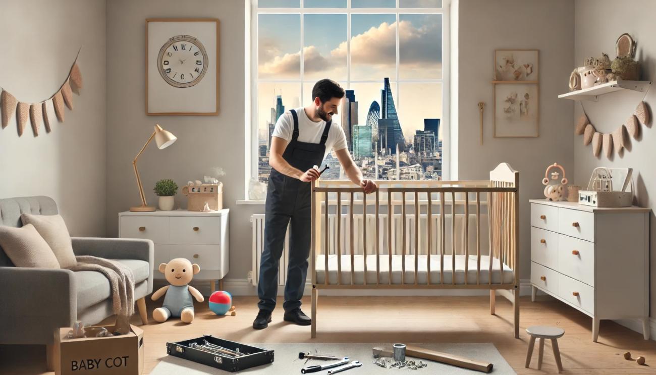 Professional handyman assembling a baby cot in a modern nursery for TaskMan of London’s baby cot and crib assembly service.