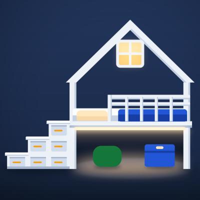 Illustration of a children's wooden house-frame loft bed with storage stairs, a window cut-out, guard rail and LED lighting under the platform