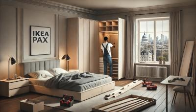 Professional technician assembling an IKEA PAX wardrobe in a modern London bedroom